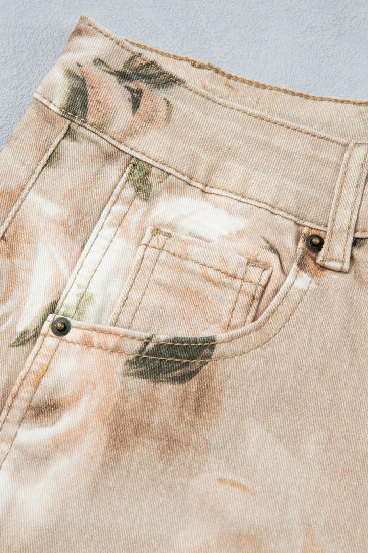 Khaki Retro Floral Print Relaxed Barrel Jeans
