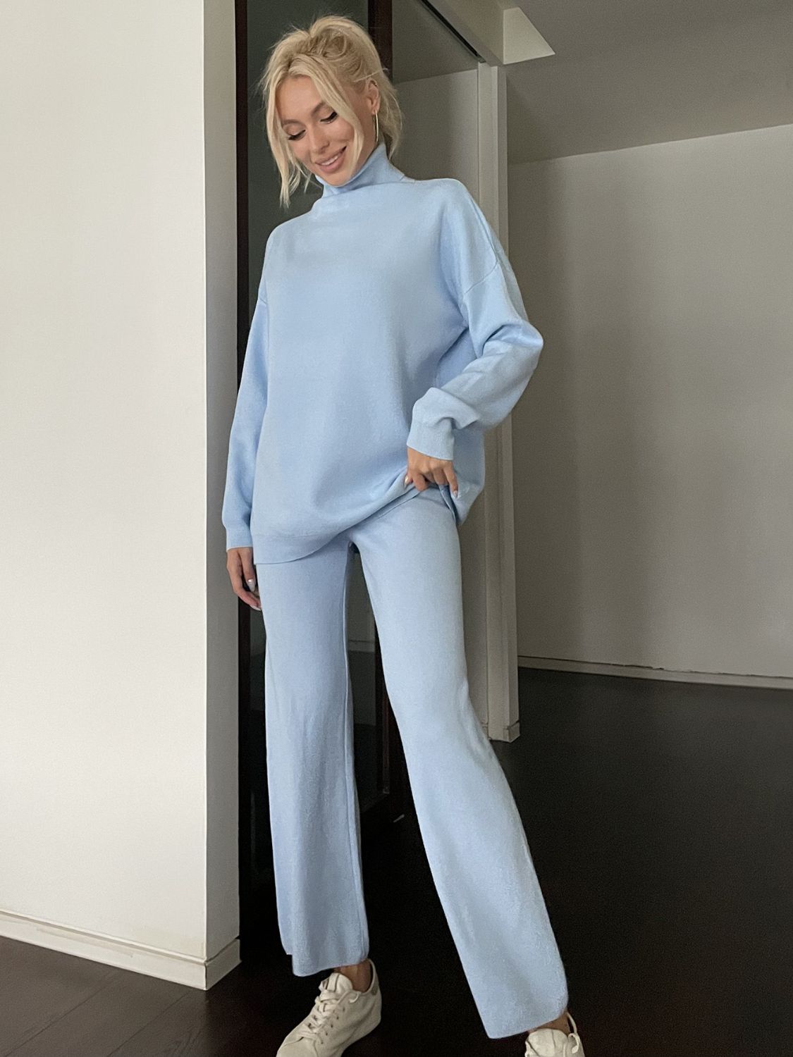 Turtleneck Long Sleeve Top and Drawstring Pants Sweater Set