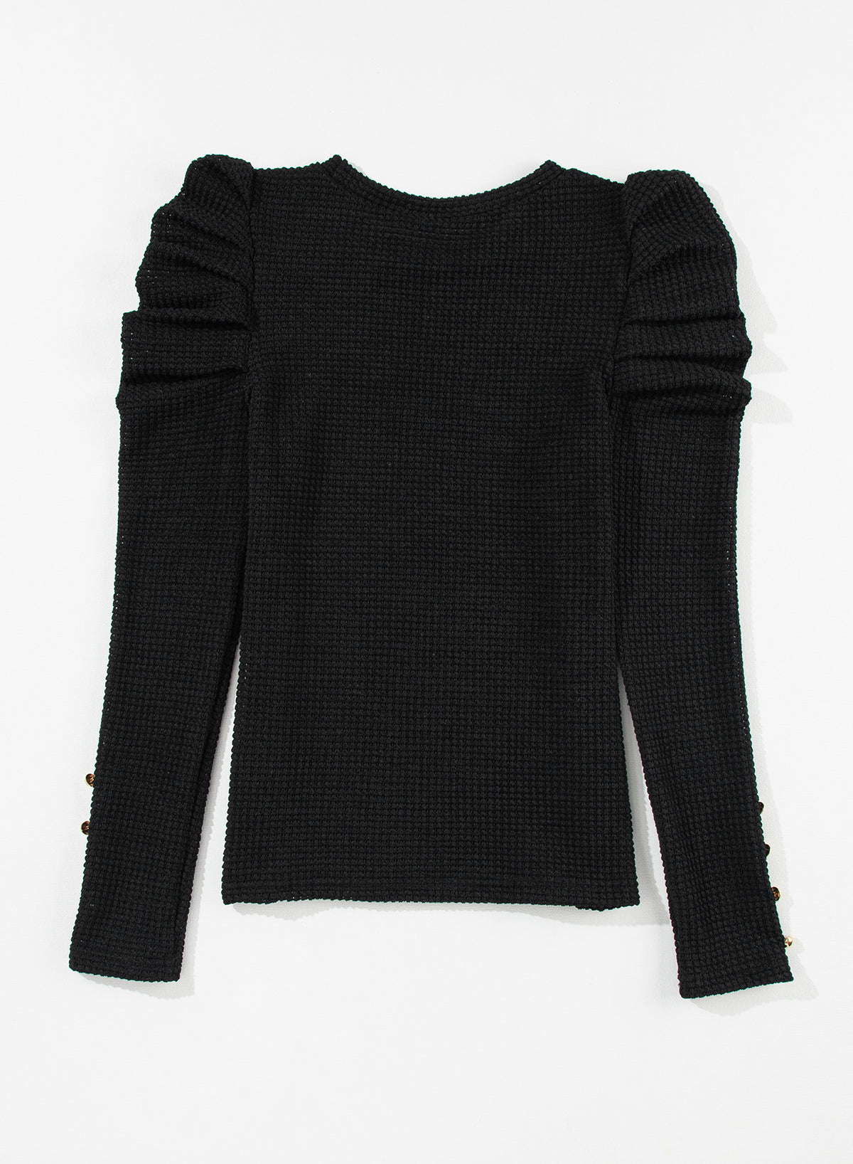 Black Solid Color Textured Buttoned Gigot Sleeve Top