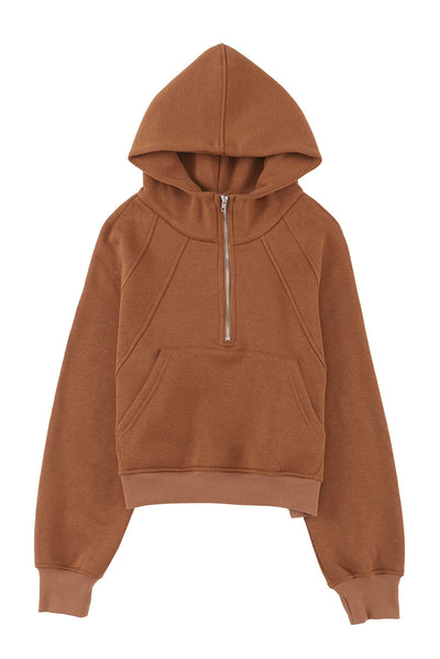 Brown Quarter Zip Kangaroo Pocket Hoodie