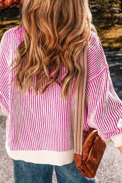 Bright Pink Striped Textured Knit Contrast Edge Loose Sweater