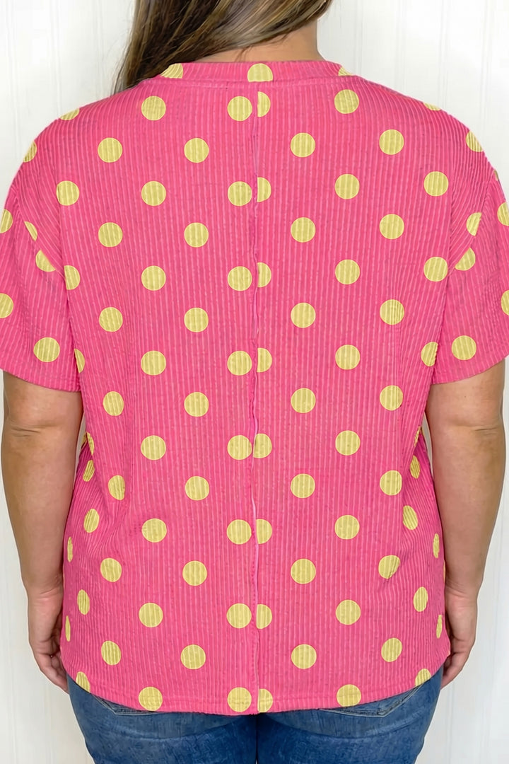 Sky Blue Twisted Rib Polka Dot Print Plus Size T Shirt