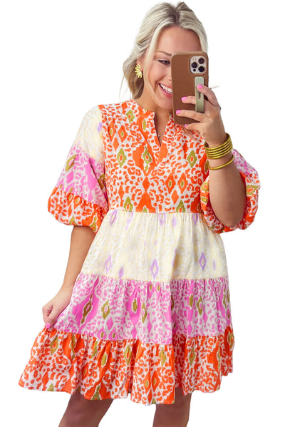 Multicolour Boho Mixed Print Half Bubble Sleeve Tiered Dress