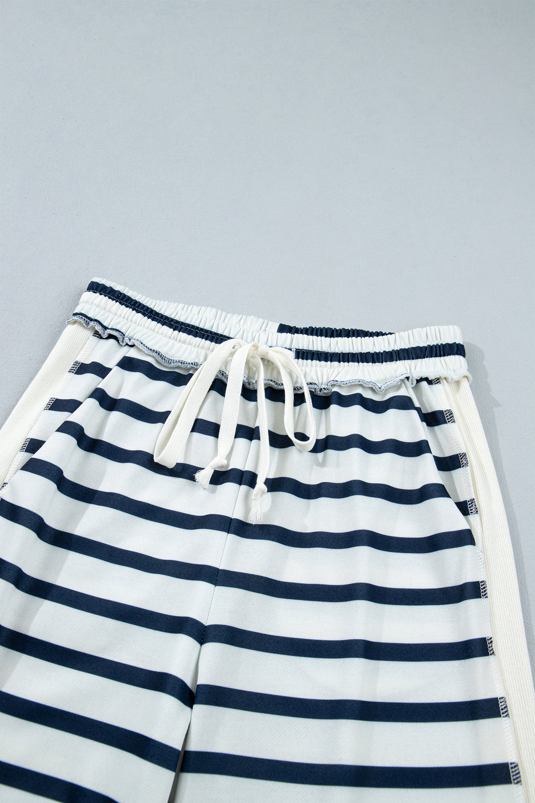 Blue Stripe Striped Ribbed Cuff Collar Pocket Loose Pant Set