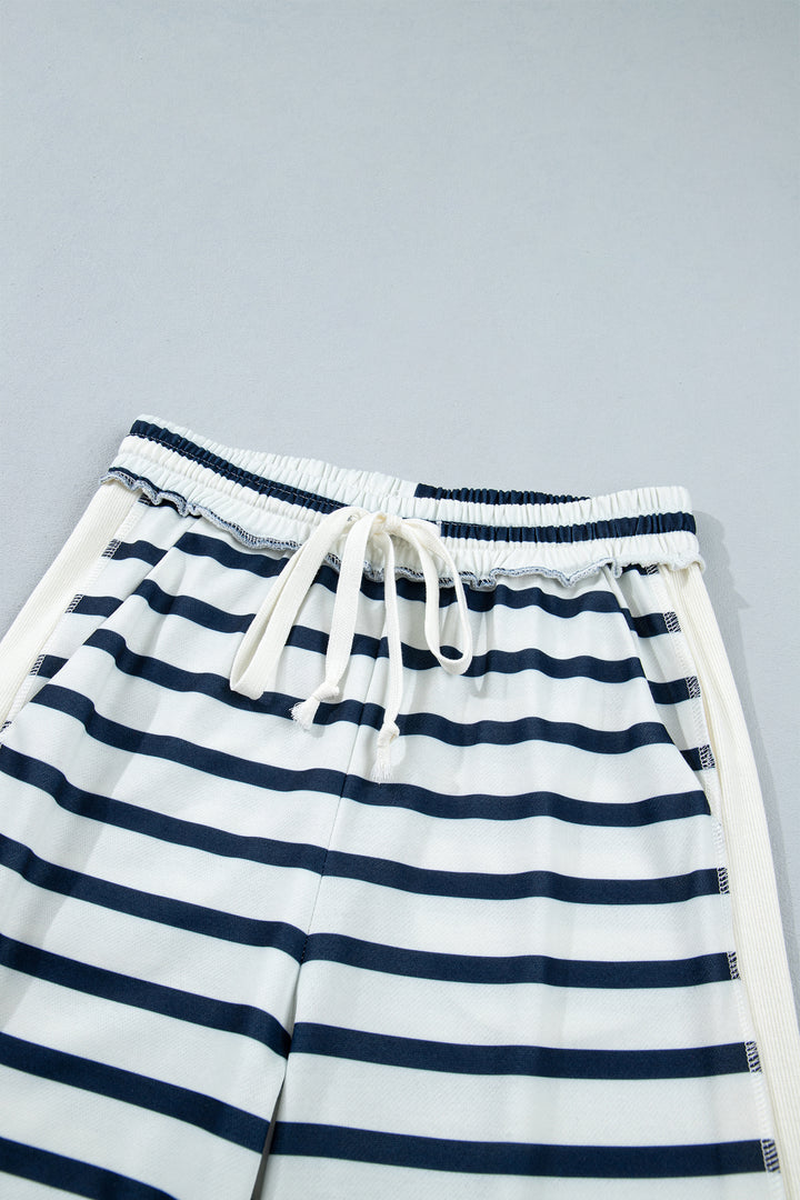 Blue Stripe Striped Ribbed Cuff Collar Pocket Loose Pant Set