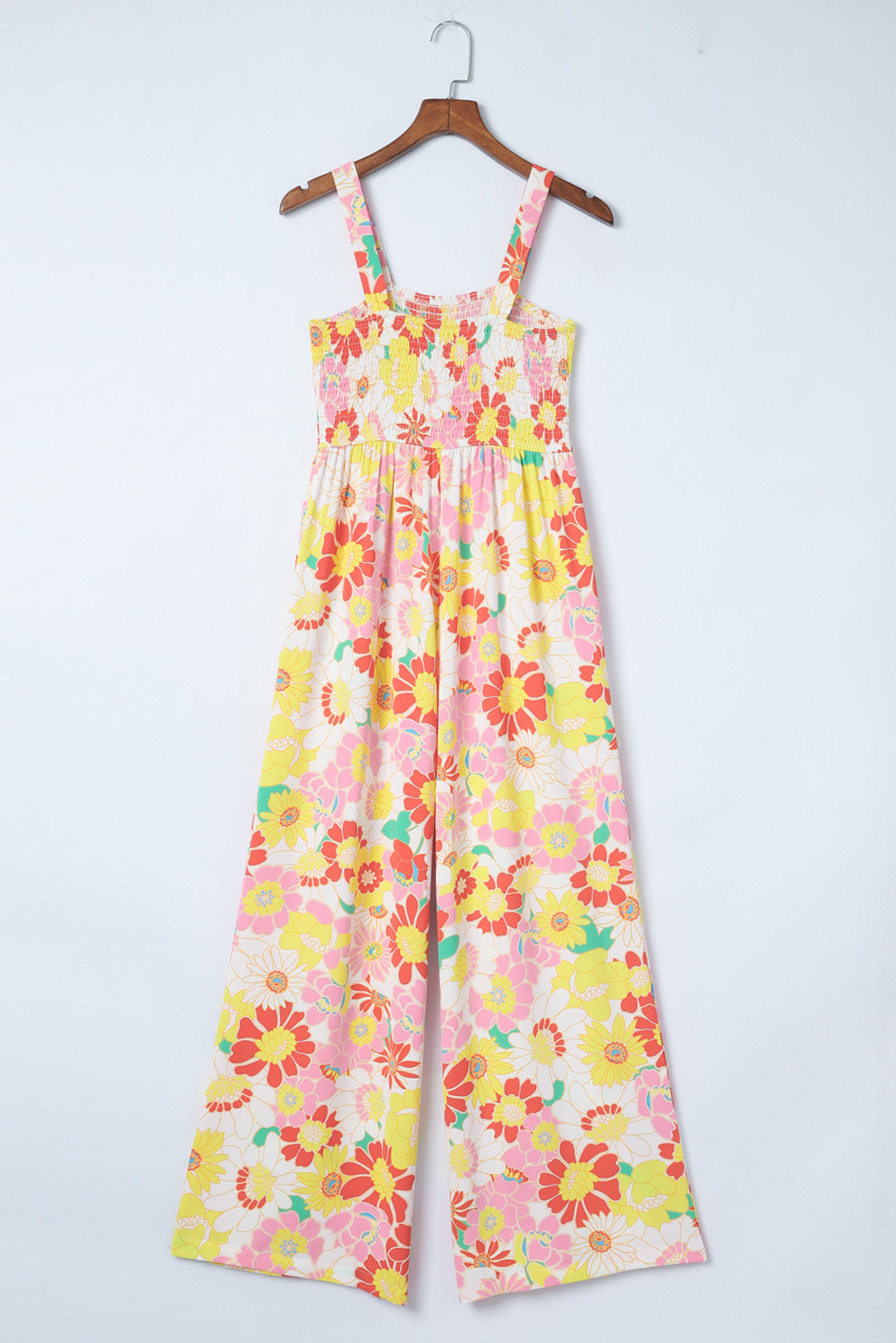 Multicolor Floral Print Shirred Sleeveless Wide Leg Jumpsuit