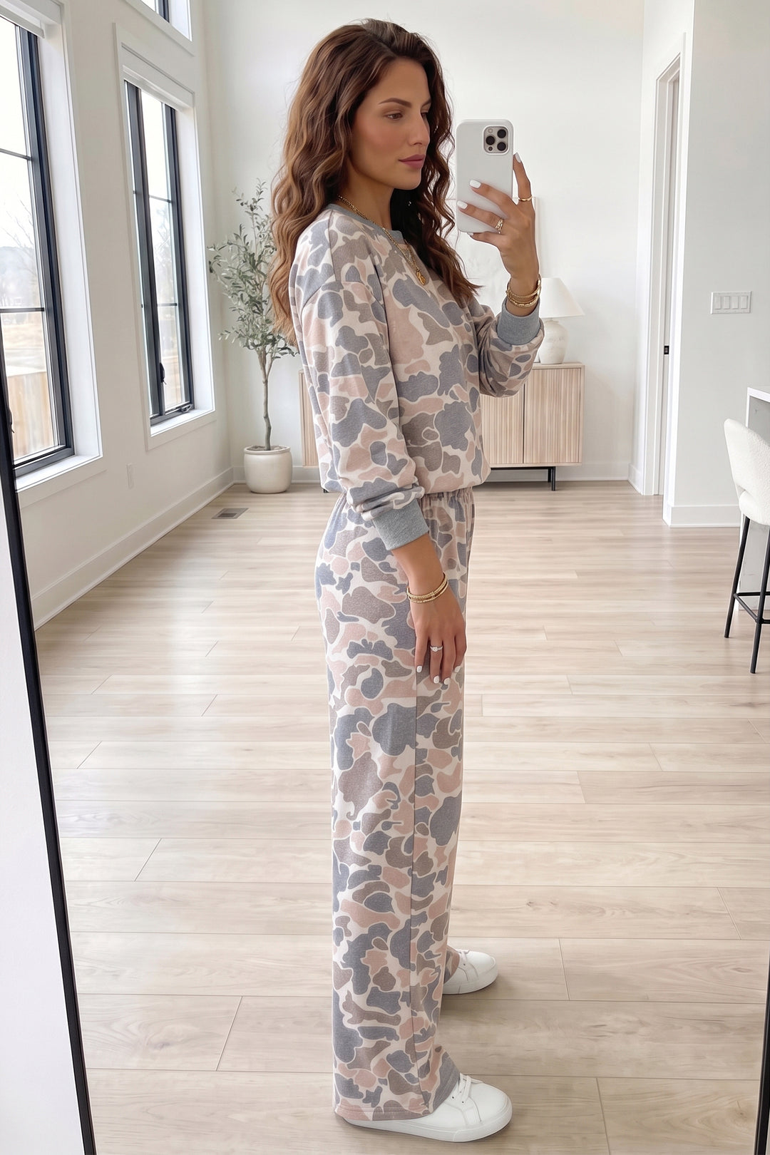 Multicolour Camouflage Print Long Sleeve Top Loose 2pcs Pants Set