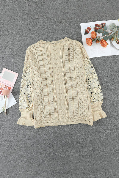 Apricot Crochet Lace Pointelle Knit Sweater