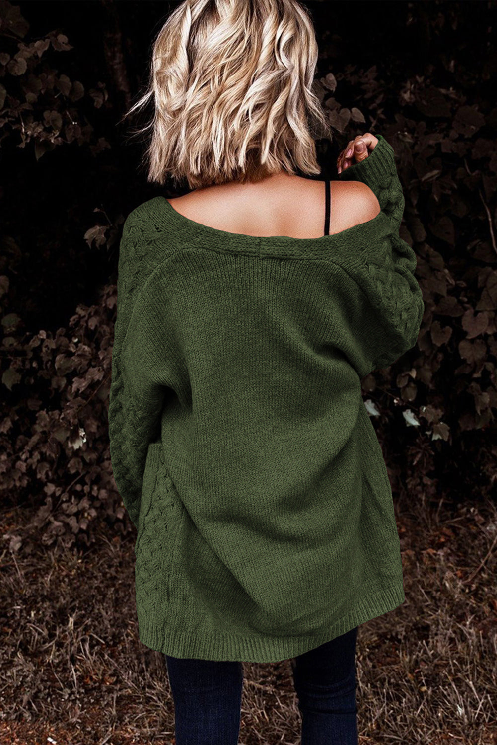 Green Open Front Woven Texture Knitted Cardigan with Pockets