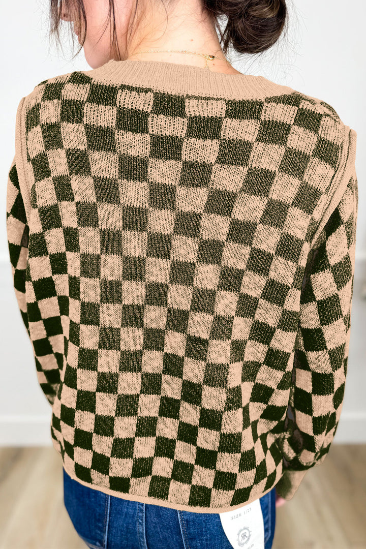 Multicolour Drop Shoulder Plaid Knit Long Sleeve Sweater