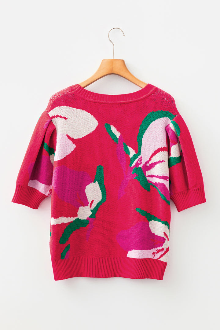Red Floral Abstract Print Short Puff Sleeve Sweater