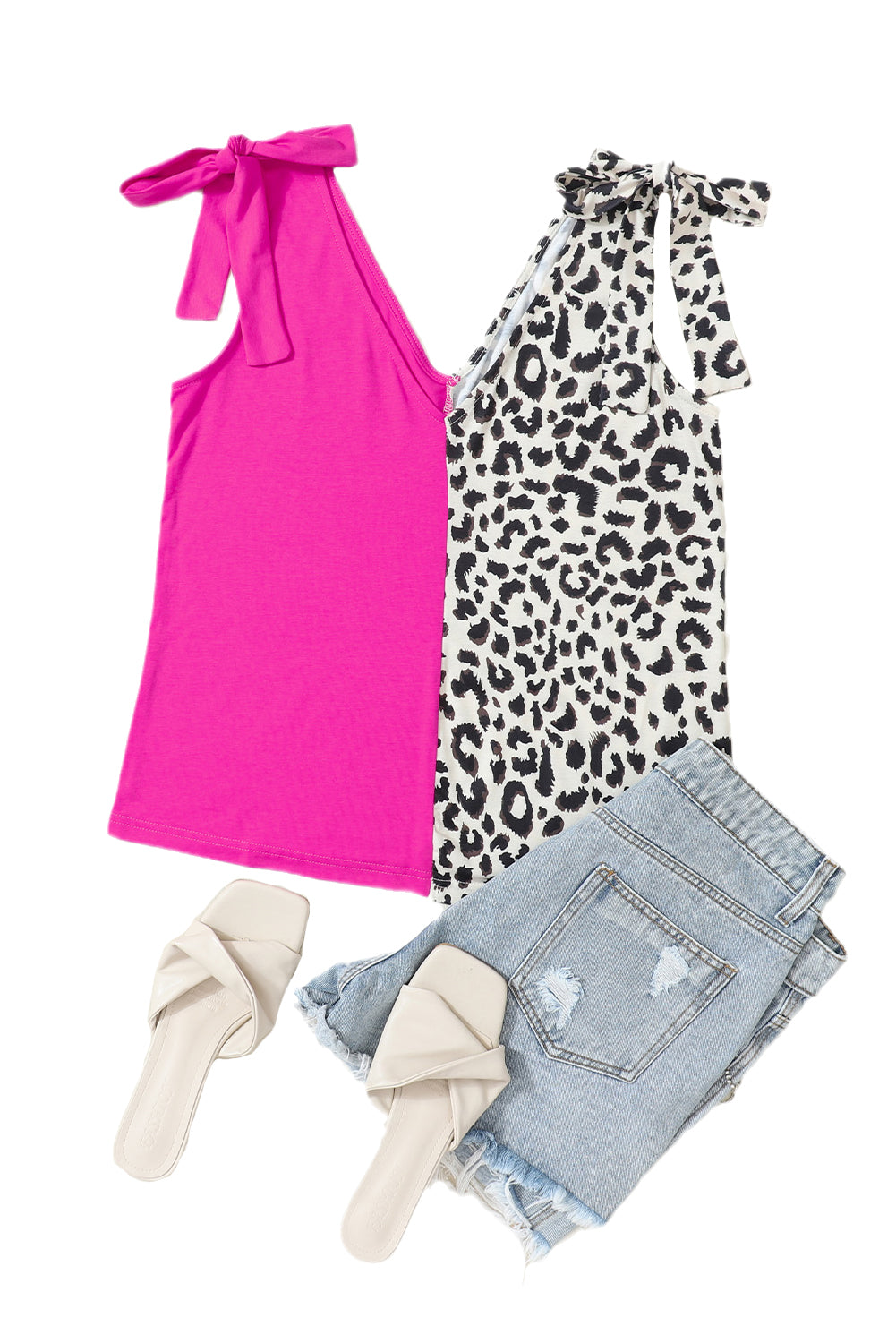 Rose Leopard Patchwork Tie Strap Tank Top