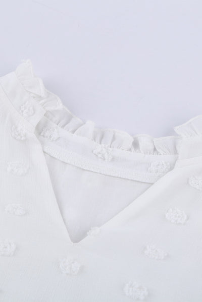 White Swiss Dot Split Neck Ruffle Babydoll Blouse