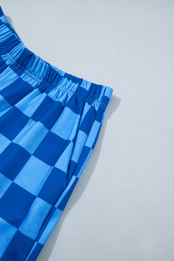 Dark Blue Plaid Checkered Long Sleeve Crop Top Elastic Waist Shorts Two Piece Set