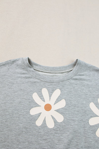 Gray Daisy Flower Printed Casual T Shirt