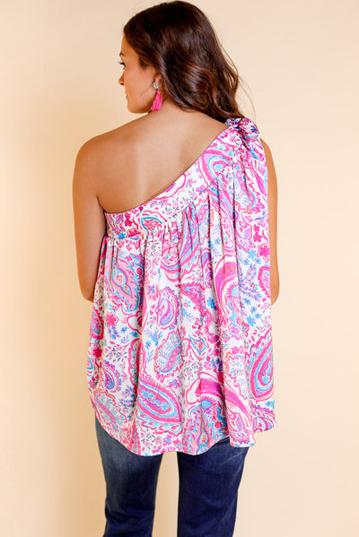 Multicolour Knotted One Shoulder Paisley Print Tank Top