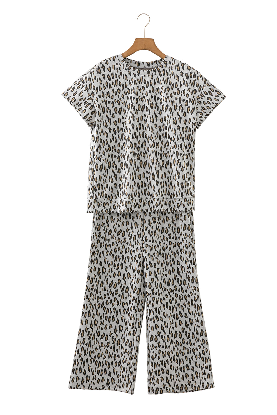 Beige Leopard Print Casual Tee and Pants 2pcs Outfit