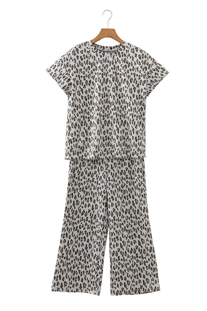 Beige Leopard Print Casual Tee and Pants 2pcs Outfit