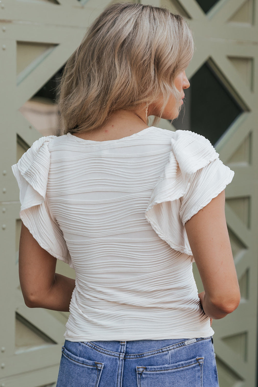 White Wavy Textured Ruffle Sleeve Top