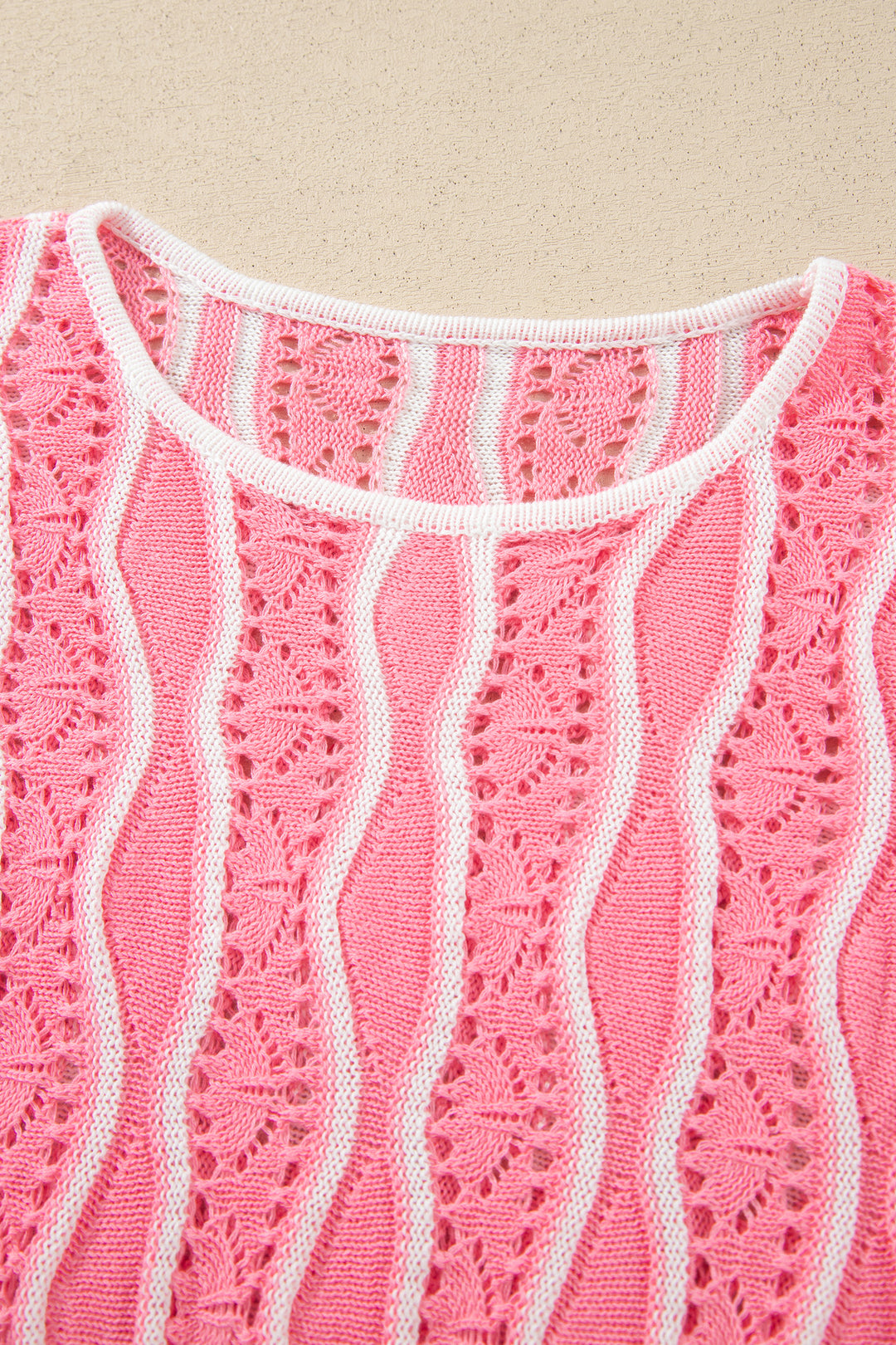 Khaki Wavy Detail Hollow Out Knit Long Sleeve Cotton Pullover Sweater