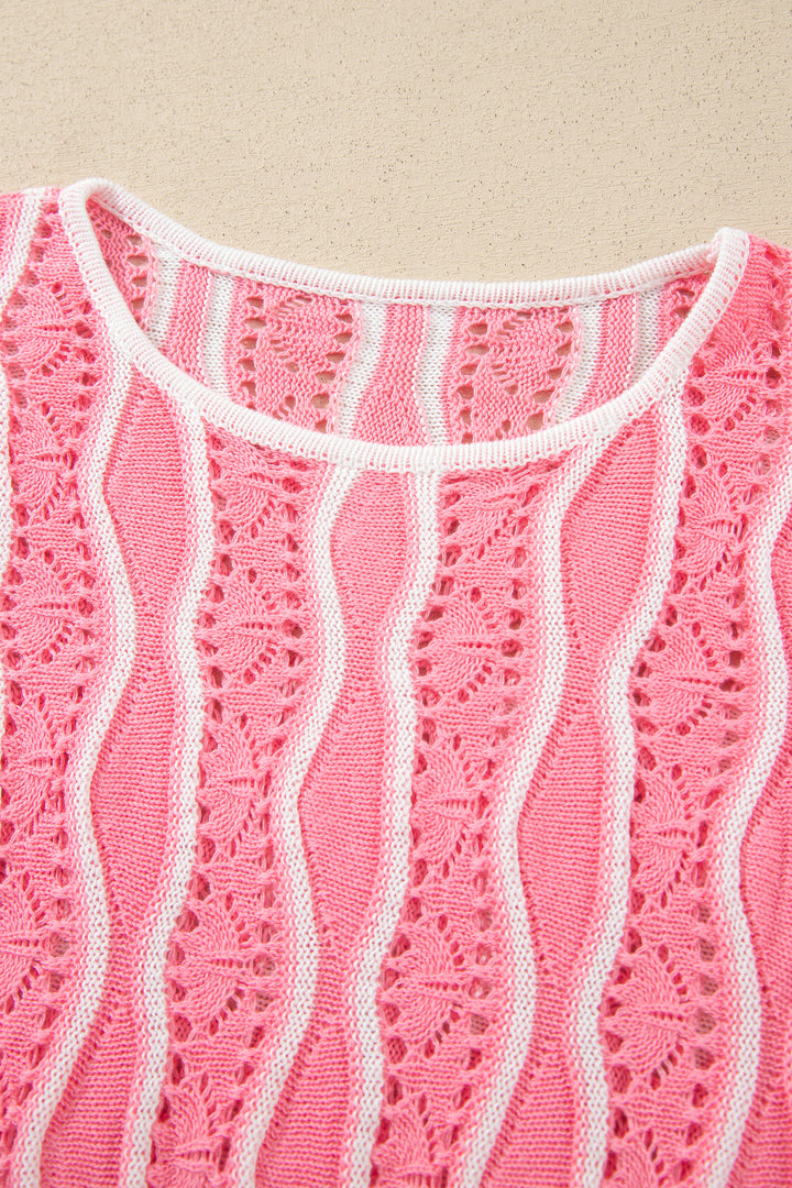 Khaki Wavy Detail Hollow Out Knit Long Sleeve Cotton Pullover Sweater