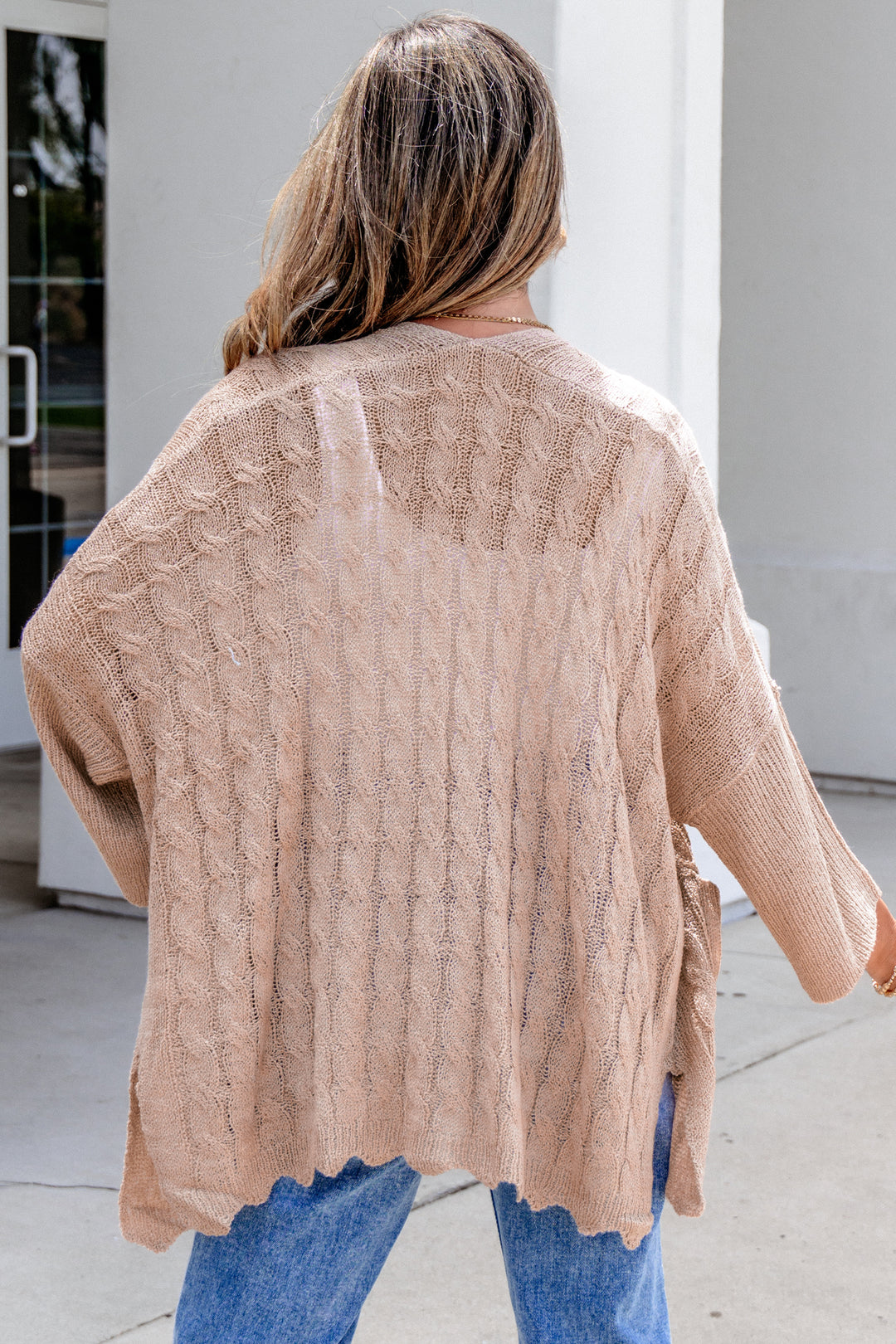 Old Rose Hollowed Pattern Knit Drop Shoulder Open Sweater Cardigan
