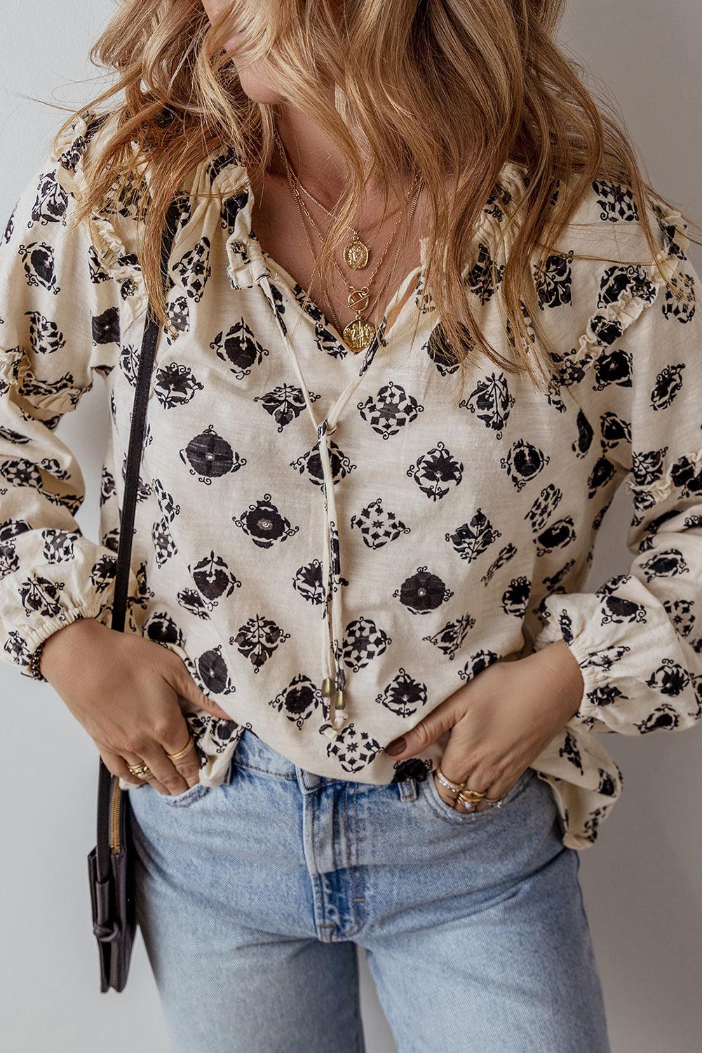 White Printed Split Neck Bubble Sleeve Loose Blouse