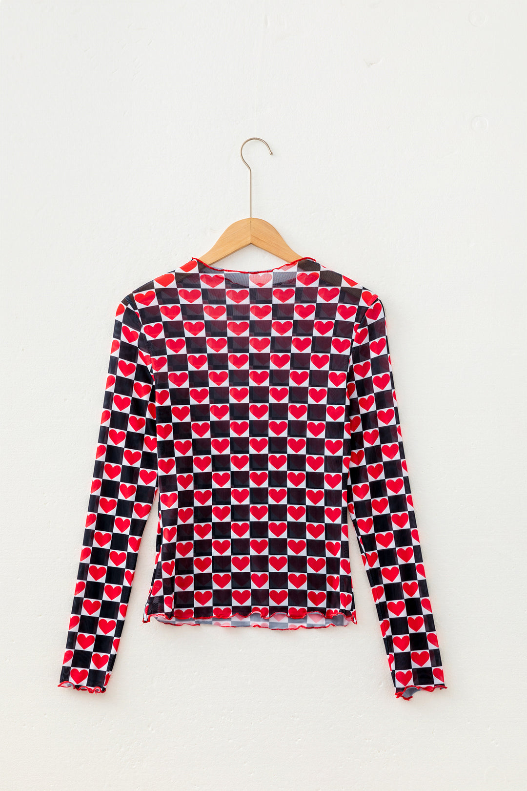 Black Plaid Heart Mesh Sheer Long Sleeve High Neck Blouse