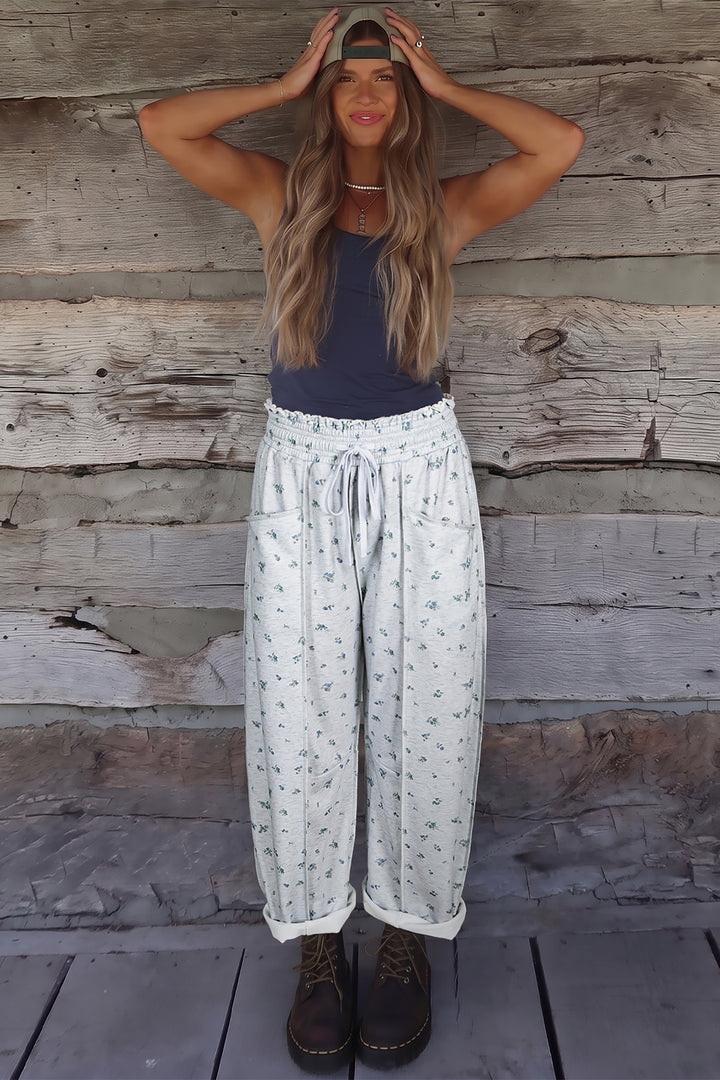 Gray Floral Print Elastic Waist Regular Fit Pants