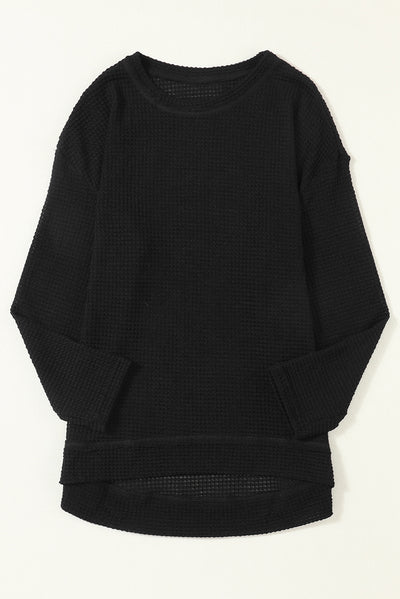 Black Waffle Knit High Slits Oversized Top