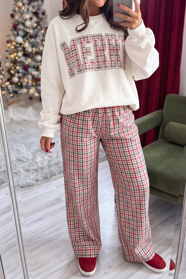 Multicolour Festive Plaid Drawstring Elastic Waist Pants