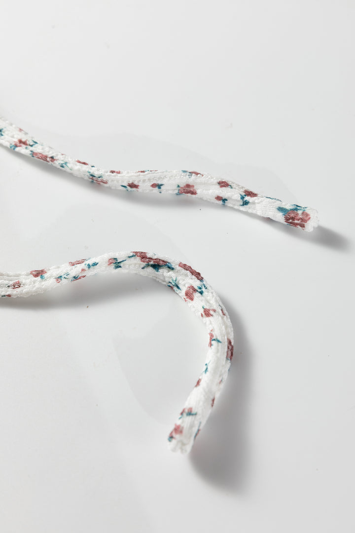 White Spiral Ribbed Floral Print Long Sleeve Henley Top Drawstring Short Set