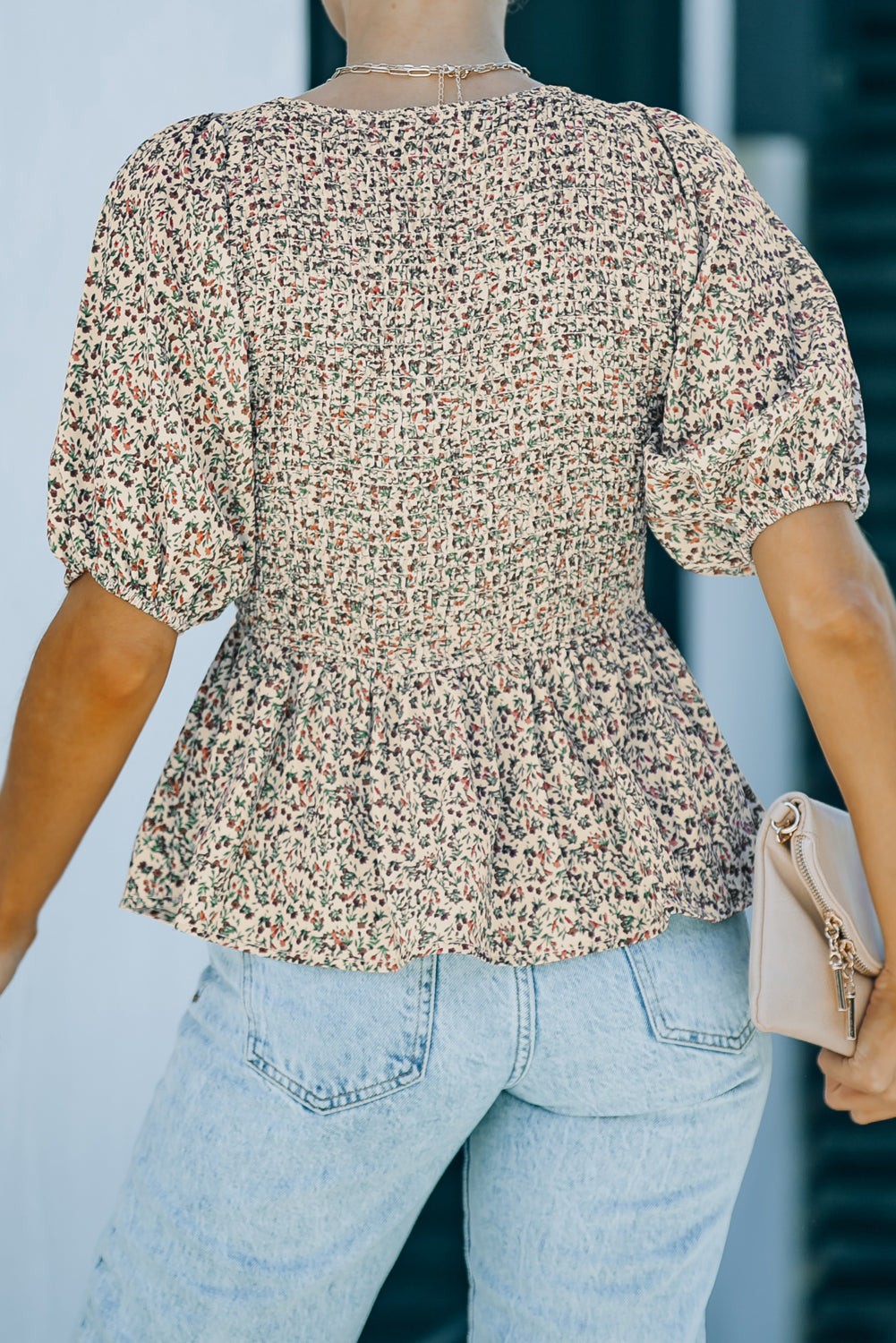 Floral Print Puff Sleeve Smocked Top