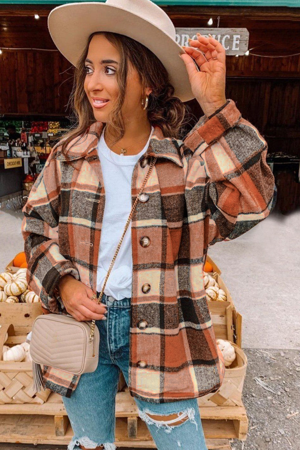 Gray Plaid Print Buttoned Shirt Jacket