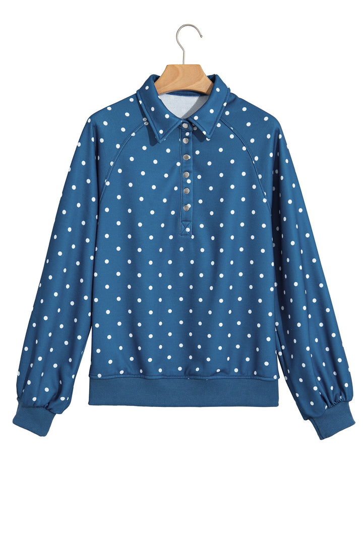 Pink Polka Dot Print Metal Button Collar Casual Pullover Sweatshirt