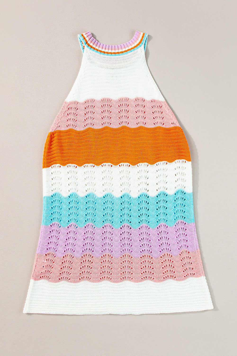 Multicolour Wavy Striped Print Textured Knit Sleeveless Sweater Top