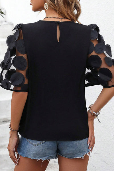 Applique Round Neck Half Sleeve Blouse - Sybaritic Bags & Clothing