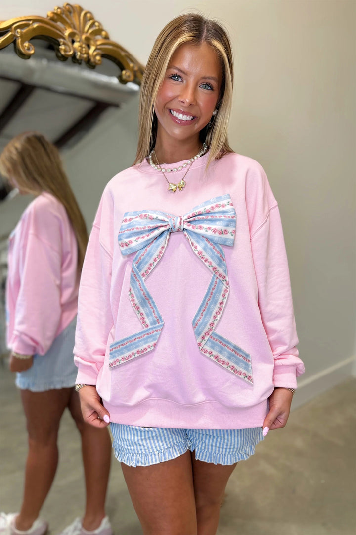 White Floral Bow Decoration Drop Shoulder Long Sleeve Top