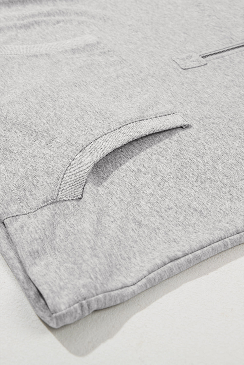 Light Grey Solid Kangaroo Pocket Half Zipper Oversized Hoodie