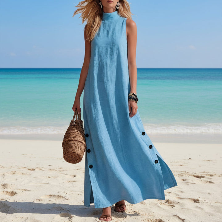 Cotton Linen Sleeveless Midi Dress – Side Slits &amp; Loose Fit