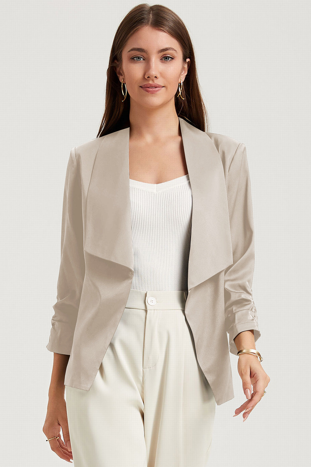 Apricot Solid Lapel Collar Satin Blazer