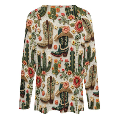 Baha Ranch Western Cactus Print Long Sleeve Top