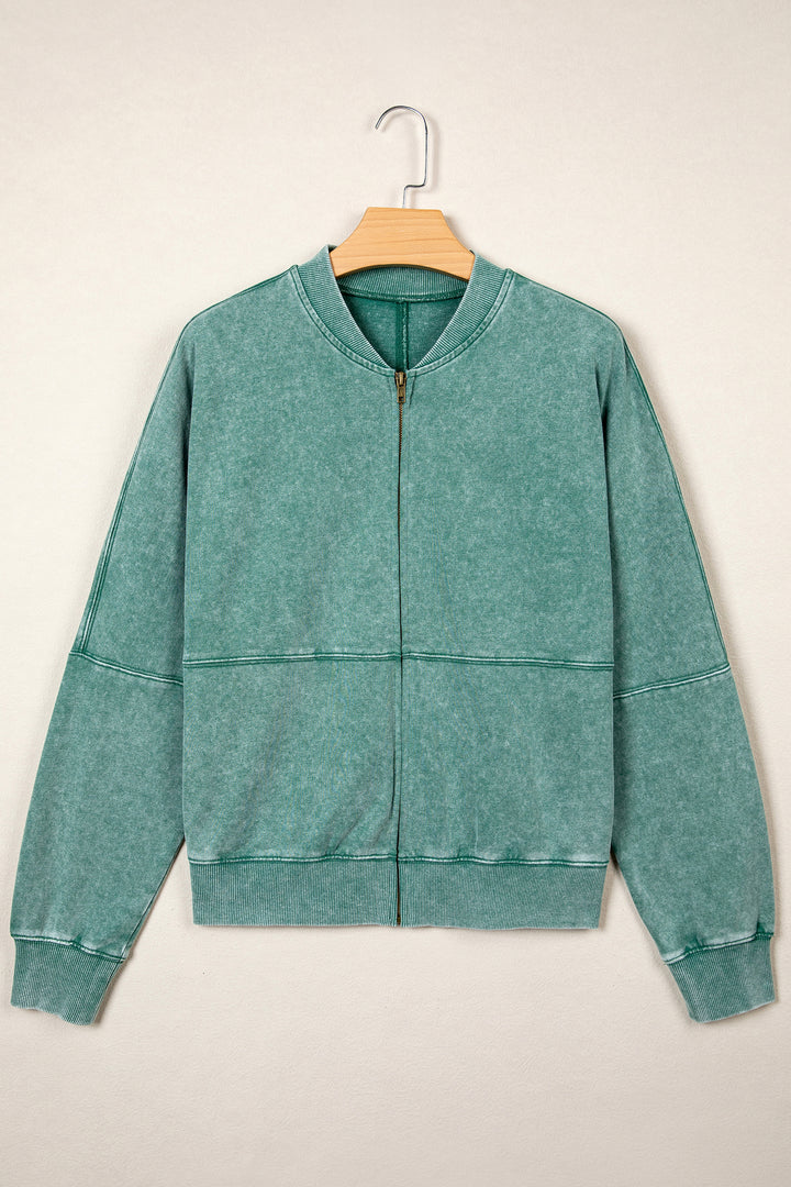 Evergreen Mineral Washed Zip Open-Front Jacket Style Cotton Sweatshirt