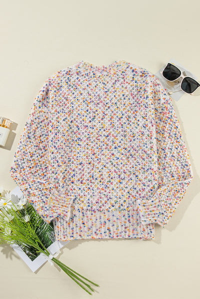 Back flat lay of white confetti knit popcorn sweater