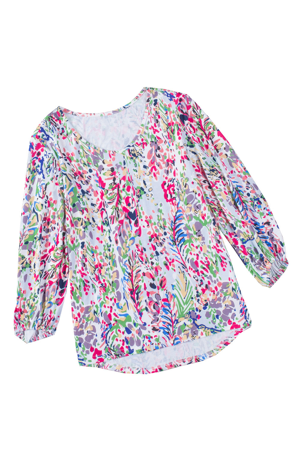 Green Floral Print Puffy Sleeve Loose Blouse