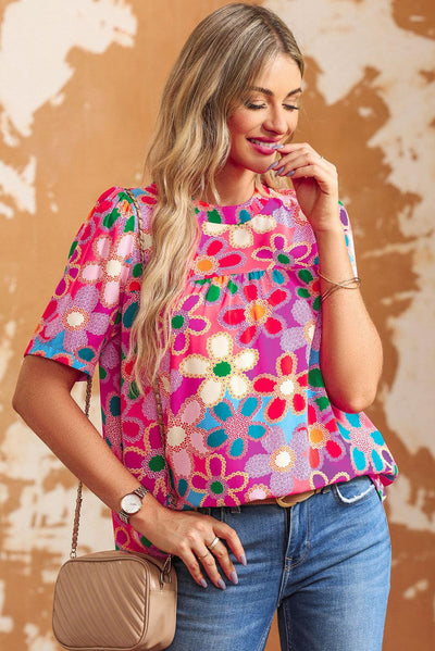 Purple Boho Flower Print Puff Short Sleeve Top