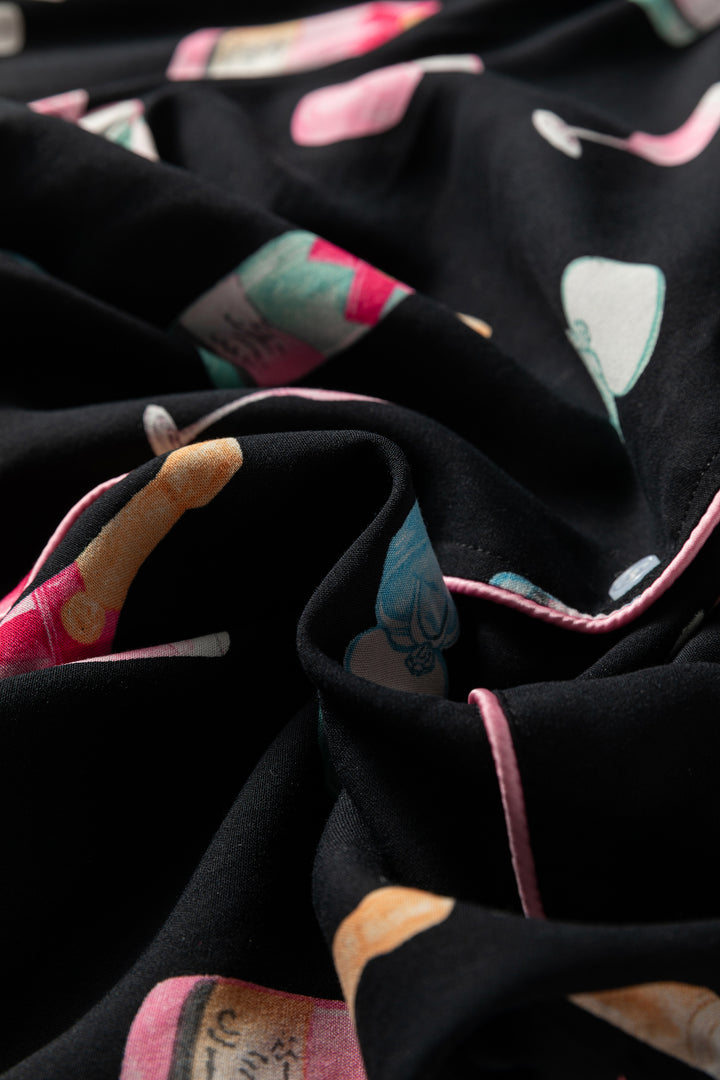 White Christmas Wine Glass Print Bow Knot Two Piece Pajama Set