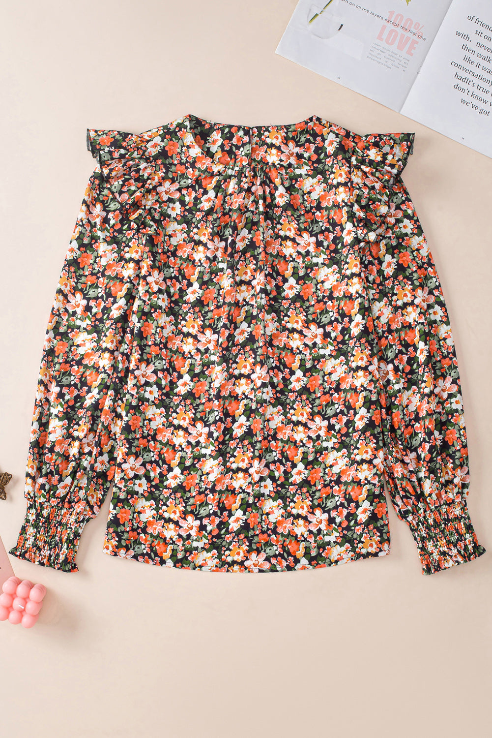 Orange Ruffle Trim Shirred Cuffs Floral Blouse