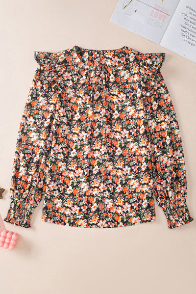 Orange Ruffle Trim Shirred Cuffs Floral Blouse