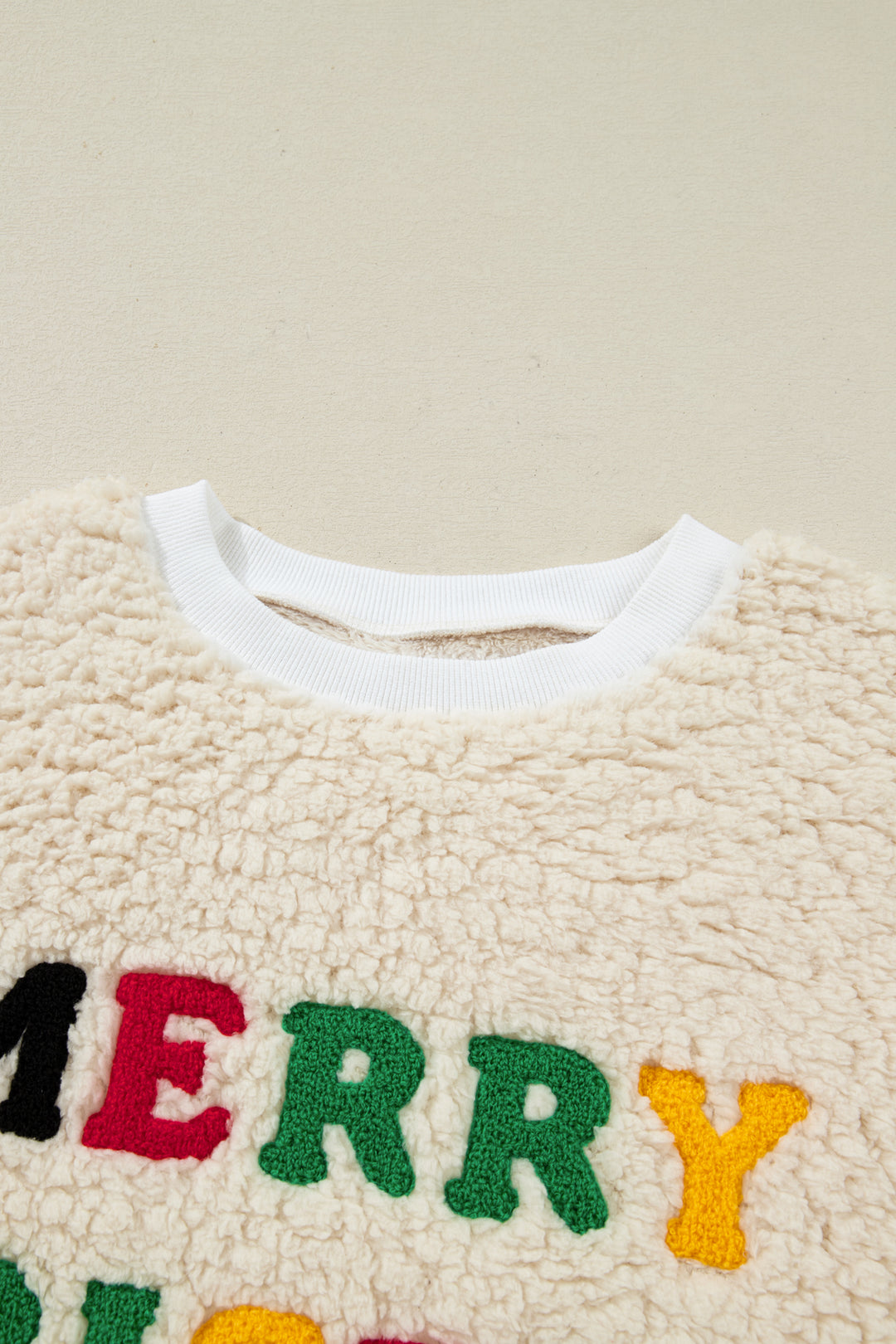 White MERRY CHRISTMAS Multicolor Embroidered Sherpa Pullover Sweatshirt